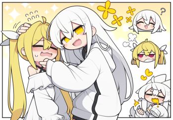 2girls :d ? ahoge bare_shoulders blonde_hair blush blush_stickers chibi chibi_inset closed_eyes commentary_request double-parted_bangs drooling flying_sweatdrops hair_between_eyes hair_intakes hair_ribbon hood hood_down hoodie jitome kisaragi_kaya long_hair long_sleeves mouth_drool multiple_girls nose_blush off-shoulder_shirt off_shoulder open_mouth original puff_of_air red_eyes ribbon shirt sleeves_past_fingers sleeves_past_wrists smile twintails upper_body white_hair white_hoodie white_ribbon white_shirt yellow_eyes