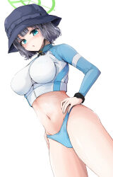 Rule 34 | 1girl, bikini, bikini bottom only, black hair, blue archive, blue bikini, blue eyes, blue hat, blush, breasts, cowboy shot, cropped jacket, dutch angle, halo, hands on own hips, haruyukiko, hat, highres, large breasts, long sleeves, looking at viewer, navel, saki (blue archive), saki (swimsuit) (blue archive), short hair, simple background, solo, standing, swimsuit, white background