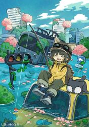 Rule 34 | 1girl, animal, animal ears, artist name, backpack, bag, bandaid, bandaid on face, black cat, black hair, blue footwear, building, cat, cat ears, cat girl, cherry blossoms, closed eyes, cloud, commentary, day, ears through headwear, fish, fishing, fishing rod, flood, goggles, goggles on headwear, hat, highres, holding, holding fishing rod, hood, hood down, hoodie, long sleeves, open mouth, original, outdoors, overgrown, pants, partially immersed, post-apocalypse, road sign, shimarisu yukichi, shoes, short hair, sign, sitting, sky, smile, sneakers, traffic light, train, water, yellow hoodie