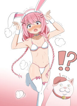 1girl alternate_costume animal_ears arms_up bikini blush bow_legwear bra braid breasts cat choker claw_pose collarbone comic_girls cowboy_shot embarrassed eyebrows_hidden_by_hair fake_animal_ears fang frown gradient_background hair_ornament highres long_hair moeta_kaoruko motion_lines navel nose_blush open_mouth pink_choker pink_eyes pink_hair playboy_bunny rabbit_ears rabbit_hair_ornament s_mikan96 simple_background small_breasts solo standing standing_on_one_leg sweatdrop swimsuit tears thighhighs twin_braids underwear very_long_hair white_bra white_thighhighs wrist_cuffs x_hair_ornament