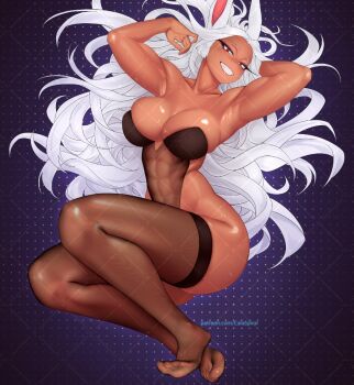 1girl :d animal_ears arm_behind_head armpits arms_up artist_name bare_arms bare_shoulders boku_no_hero_academia breasts cleavage collarbone commentary covered_abs covered_navel curvy dark-skinned_female dark_skin dorsiflexion english_commentary feet full_body gabriel_carrasquillo highleg highleg_leotard large_breasts legs leotard long_eyelashes long_hair looking_at_viewer mirko nail_polish open_mouth parted_bangs patreon_username pink_nails rabbit_ears rabbit_girl red_eyes see-through_clothes see-through_legwear see-through_leotard shiny_skin smile solo strapless strapless_leotard sweat teeth thick_thighs thighhighs thighs toes toned very_long_hair white_hair wide_hips