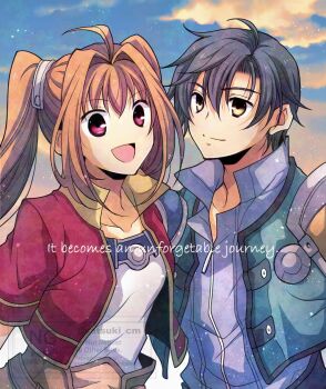 1boy 1girl armor blue_jacket blue_sky brown_hair cloud cloudy_sky commentary_request couple cropped_jacket eiyuu_densetsu estelle_bright falcom jacket joshua_bright long_hair open_mouth satsuki_(chaosmode) shoulder_armor simple_background sky smile sora_no_kiseki twintails