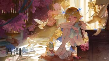 1girl barefoot bird black_dress blonde_hair blush book breasts cartethyia_(wuthering_waves) commentary crossed_ankles crown_of_thorns dress earrings english_commentary feet hand_puppet indoors jewelry knees_up logo long_hair longmaototoro looking_at_viewer medium_breasts multiple_earrings parted_bangs parted_lips pointy_ears puppet purple_eyes sandals sidelocks sitting smile solo tabard tacet_mark_(wuthering_waves) toes unworn_sandals very_long_hair white_bird white_tabard wuthering_waves