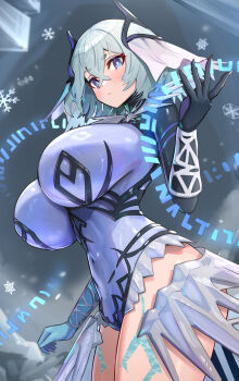 Rule 34 | 1girl, asymmetrical gloves, black gloves, blue eyes, blue gloves, blue leotard, blush, breasts, bright pupils, closed mouth, commentary, commentary request, covered navel, crossed bangs, fimbulvetr (fire emblem), fire emblem, fire emblem heroes, from below, gloves, gonzarez, grey hair, hair between eyes, hand up, highres, huge breasts, leotard, looking at viewer, looking down, mismatched gloves, nintendo, short hair, snowflakes, solo, thick thighs, thighs, veil, white pupils, white veil