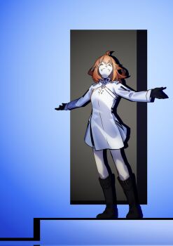 1girl ahoge black_gloves boots chaldea_logo closed_eyes commentary door english_commentary facing_viewer fate/grand_order fate_(series) fujimaru_ritsuka_(female) fujimaru_ritsuka_(female)_(decisive_battle_chaldea_uniform) full_body gloves grin highres knee_boots long_sleeves medium_hair orange_hair outstretched_arms seyyu_tsk14 shadow smile solo spread_arms standing the_truman_show