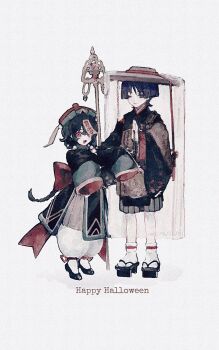 1boy 1girl alternate_costume artist_self-insert bead_necklace beads black_eyes black_footwear black_hair black_kimono black_shorts black_sleeves blunt_ends bow braid brown_hat china_dress chinese_clothes closed_mouth double_water_ss dress eyeliner eyeshadow fang genshin_impact geta green_hat hakama hakama_shorts halloween halloween_costume han'eri happy_halloween hat hat_ornament highres ichimegasa japanese_clothes jewelry jiangshi jiangshi_costume kariginu kesa kimono large_bow layered_clothes layered_kimono layered_sleeves long_hair looking_at_viewer low-braided_long_hair low-tied_long_hair makeup monk necklace ofuda ofuda_on_head one_eye_closed open_mouth original outstretched_arms pants pelvic_curtain qingdai_guanmao red_bow red_eyeliner red_eyes red_eyeshadow red_hat red_sleeves scaramouche_(genshin_impact) shakujou shoes short_hair shorts sleeves_past_fingers sleeves_past_wrists socks staff standing tabi talisman tongue two-tone_hat veil white_background white_footwear white_pants white_socks white_veil wide_sleeves zombie_pose