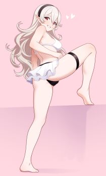 Rule 34 | 1girl, absurdres, armpits, ass, bare back, bare legs, barefoot, bikini, bikini skirt, blonde hair, breasts, dullahan (alekey art), feet, female corrin (fire emblem), female corrin (novice vacationer) (fire emblem), fire emblem, fire emblem fates, fire emblem heroes, from behind, grey hair, grin, headband, highres, knee up, leg lift, leg up, legs, long hair, looking at viewer, looking back, medium breasts, nintendo, official alternate costume, pointy ears, red eyes, skindentation, smile, soles, solo, swimsuit, thigh strap, thighs, tiptoes, very long hair, white bikini