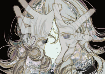 1girl black_background blonde_hair commentary hands_up long_hair looking_at_viewer original portrait see-through_body solo tsukamoto_anabone