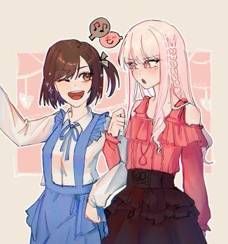 1girl 1other 999looms :o akiyama_mizuki akiyama_mizuki_(cosplay) alternate_costume alternate_hairstyle annoyed armor artist_name black_skirt blue_ribbon blue_skirt blue_suspenders blush braid breasts brown_hair clothing_cutout collared_shirt commentary cosplay costume_switch drill_hair drill_sidelocks frilled_sleeves frills hair_down hair_ribbon hashtag high-waist_skirt highres jirai_kei locked_arms long_hair long_sleeves looking_at_another medium_breasts musical_note neck_ribbon off-shoulder_shirt off_shoulder one_eye_closed open_mouth other_focus other_with_female personality_switch pink_background pink_hair pink_shirt ponytail project_sekai ribbon shinonome_ena shinonome_ena_(cosplay) shirt short_side_ponytail shoulder_cutout side_braid side_ponytail sidelocks single_braid skirt smile sparkle spoken_musical_note suspender_skirt suspenders translation_request upper_body white_ribbon white_shirt