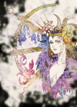 1girl beads breasts cleavage closed_mouth collarbone commentary_request edea_kramer final_fantasy final_fantasy_viii horns medium_breasts midriff plunging_neckline ruka_(blueplus84) slit_pupils solo yellow_eyes