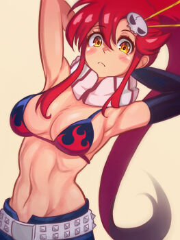 1girl absurdres alternate_breast_size_(smaller) arms_behind_head arms_up bikini bikini_top_only black_bikini black_gloves blush breasts cleavage closed_mouth denim denim_shorts elbow_gloves eyebrows_hidden_by_hair eyes_visible_through_hair gloves hair_ornament hairpin high_ponytail highres long_hair looking_at_viewer madabau medium_breasts multicolored_bikini navel ponytail red_bikini red_hair ribs scarf short_shorts shorts single_elbow_glove single_glove solo standing swimsuit tengen_toppa_gurren_lagann very_long_hair yellow_eyes yoko_littner