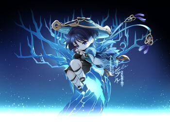 1boy armor artist_name bare_tree black_hair black_sandals black_shorts blue_cape blue_hat blue_sleeves blunt_ends bridal_gauntlets cape closed_mouth commentary_request doll eyeliner eyeshadow fetal_position floating furisode genshin_impact gold gold_ring grey_bridal_gauntlets hakama hakama_shorts hat holding holding_doll irminsul japanese_armor japanese_clothes jingasa kimono kote kurokote layered_sleeves leg_warmers levitation looking_at_object makeup male_focus middle_ring pleated_shorts pumpkinjakk purple_eyes red_eyeliner red_eyeshadow sandals scaramouche_(genshin_impact) short_sleeves shorts solo stuffed_toy tassel toeless_legwear tree wanderer_(genshin_impact) white_leg_warmers white_sleeves white_trim wispy_bangs zouri