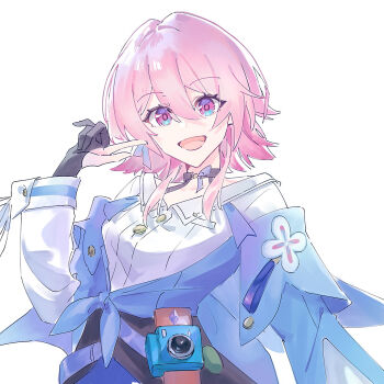 Rule 34 | 1girl, 32c1ff, archery shooting glove, black choker, black gloves, blue eyes, blue jacket, breasts, camera, choker, commentary request, gloves, hair between eyes, hand up, highres, honkai: star rail, honkai (series), jacket, march 7th (honkai: star rail), march 7th (preservation) (honkai: star rail), medium breasts, medium hair, multicolored eyes, open mouth, partially fingerless gloves, pink eyes, pink hair, shirt, simple background, smile, solo, two-tone eyes, upper body, white background, white shirt