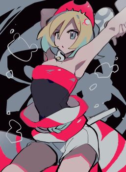 1girl :o absurdres arm_up armpit_crease blonde_hair blue_eyes fuji_den_fujiko grey_background hair_between_eyes hairband highres irida_(pokemon) jewelry looking_at_viewer neck_ring nintendo open_mouth pokemon pokemon_legends:_arceus red_hairband red_shirt shirt short_hair shorts simple_background solo standing strapless strapless_shirt upper_body waist_cape white_shorts