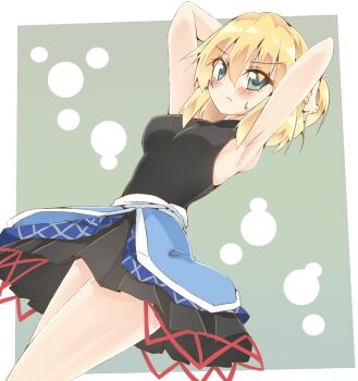 1girl adjusting_hair arms_up black_skirt black_tank_top blonde_hair blue_jacket blush border breasts circle closed_mouth clothes_around_waist double-parted_bangs dutch_angle feet_out_of_frame frown green_background green_eyes grid_print hair_between_eyes hashtag-only_commentary jacket jacket_around_waist looking_at_viewer medium_breasts mizuhashi_parsee one-hour_drawing_challenge ribbon-trimmed_skirt ribbon_trim shishiky short_hair simple_background skirt solo sweatdrop tank_top touhou v-shaped_eyebrows white_border