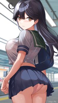 1girl absurdres ahoge artist_name ass black_hair blue_skirt blush bra breasts brown_eyes cowboy_shot dangan_kurabu from_behind green_sailor_collar highres kantai_collection large_breasts long_hair looking_at_viewer looking_to_the_side panties pantyshot pink_bra pink_panties pleated_skirt sailor_collar school_uniform see-through_clothes see-through_shirt serafuku shirt short_sleeves skirt solo train_station underwear ushio_(kancolle) white_shirt