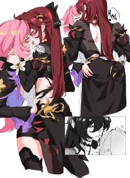 2girls absurdres ass black_dress black_gloves black_shorts black_shrug breasts brown_hair commentary dress eden_(honkai_impact) elf elysia_(honkai_impact) elysia_(miss_pink_elf)_(honkai_impact) french_kiss gloves grabbing_another's_ass groping highres honkai_(series) honkai_impact_3rd kiss large_breasts long_hair multiple_girls pink_hair pointy_ears shorts shrug_(clothing) single_glove untranslatable_commentary very_long_hair yaro_yk yuri