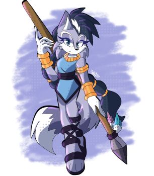 1girl animal_ears armlet blue_dress blue_eyes bracelet dress full_body furry furry_female gloves gold_armlet gold_bracelet grey_fur highres holding holding_polearm holding_weapon jewelry looking_at_viewer lupe_the_wolf polearm sandals signature sleeveless sleeveless_dress solo sonic_(series) sonic_the_hedgehog_(archie_comics) spear tail weapon white_gloves wolf_ears wolf_girl wolf_tail yukineru06