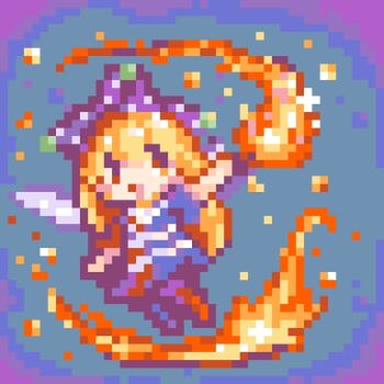 1girl blonde_hair blue_background blue_dress clownpiece commentary dress full_body hat holding holding_torch jester_cap long_hair orange_eyes pii_614 pixel_art purple_hat red_dress solo torch touhou two-tone_dress wings