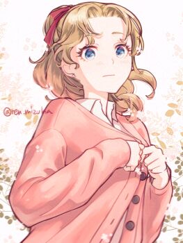 1girl :| blonde_hair blue_eyes blush cardigan closed_mouth dissidia_duellum_final_fantasy dissidia_final_fantasy final_fantasy final_fantasy_vi hair_tie highres leaf leaf_background looking_at_viewer medium_hair official_alternate_costume pink_cardigan ren_mizuha shirt solo terra_branford_(school_cardigan) tina_branford twitter_username upper_body white_background white_shirt wide-eyed