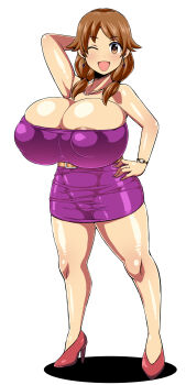 1boy 1girl absurdres amazon_(taitaitaira) areola_slip arm_behind_head arm_up armpit_crease bare_arms bare_shoulders belt blush breasts brown_eyes brown_hair cleavage dress earrings faceless faceless_male hand_on_own_hip height_chart height_difference high_heels highres huge_breasts idolmaster idolmaster_cinderella_girls jewelry katagiri_sanae large_areolae legs long_hair looking_at_another looking_at_viewer necklace one_eye_closed open_mouth purple_dress purple_skirt red_shoes shoes simple_background size_difference skirt smile tagme tall_male thighs tight_clothes twintails watch