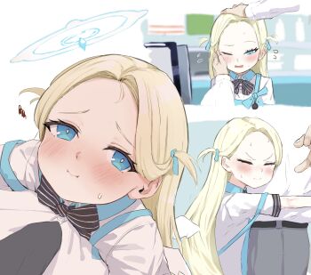 Rule 34 | 1boy, 1girl, angel's 24 uniform (blue archive), apron, belt, bilingual commentary, black belt, black bow, black bowtie, black necktie, blonde hair, blue apron, blue archive, blue eyes, blue halo, blush, bow, bowtie, closed mouth, commentary, esearu, flying sweatdrops, forehead, grey pants, halo, hand on another's cheek, hand on another's face, headpat, height difference, highres, hug, long hair, mixed-language commentary, multiple views, necktie, one eye closed, open mouth, paid reward available, pants, shirt, sora (blue archive), store clerk, striped bow, striped bowtie, striped clothes, sweat, two side up, v-shaped eyebrows, white shirt, white wings, wings