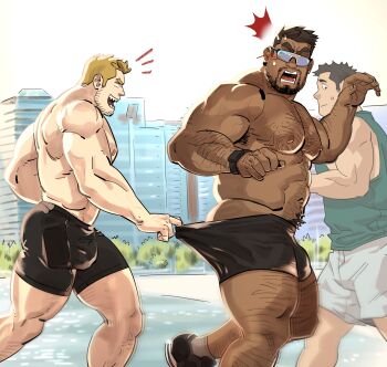 3boys abs armpit_hair armpit_hair_peek bara beach body_hair boxers dark-skinned_male dark_skin empty_eyes facial_hair from_side hairy highres large_pectorals male_focus male_underwear mature_male medium_sideburns multiple_boys muscular muscular_male nipples notice_lines original pectorals profile running runnnyaoi sexual_harassment sharp_teeth shirt short_hair shorts sideburns sideburns_stubble sideways_glance sleeveless sleeveless_shirt sparse_arm_hair sparse_chest_hair sparse_leg_hair strongman_waist stubble sunglasses sweatdrop teeth thick_navel_hair thick_thighs thighs topless_male underwear unspoken_(firebreath110) white_shorts yaoi