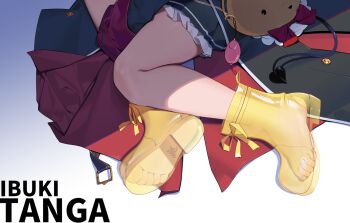 1girl animal_bag bear_bag black_coat black_tail blue_archive boots character_name chinese_commentary coat commentary_request crime_prevention_buzzer demon_tail feet gehenna_academy_logo highres ibuki_(blue_archive) lower_body painterliuhao partial_commentary soles solo tail yellow_boots