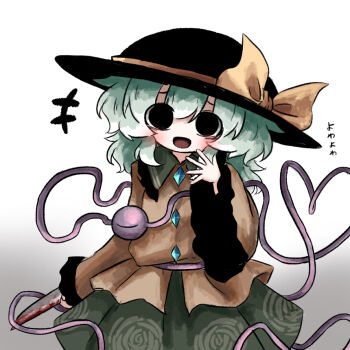 1girl arm_up black_eyes black_hat blood bloody_knife blush bow buttons collared_shirt diamond_button eyeball eyes_visible_through_hair fedora floral_print frilled_shirt_collar frilled_sleeves frills green_hair green_skirt hat hat_bow heart heart_of_string heripantomorrow holding holding_knife knife komeiji_koishi long_sleeves looking_at_viewer medium_hair open_mouth shirt simple_background skirt smile solo third_eye touhou translation_request white_background wide_sleeves yellow_bow yellow_shirt