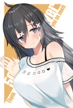 1girl artist_self-insert black_hair blue_eyes blush breasts cat chinese_zodiac female_focus hair_ornament highres large_breasts long_hair looking_at_viewer milestone_celebration original oz_ma33 smile solo tagme thank_you upper_body