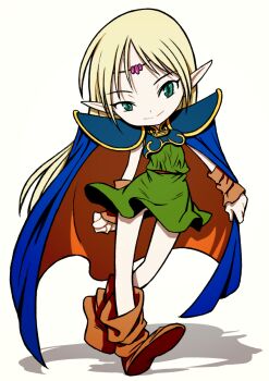 Rule 34 | 1girl, aqua eyes, armor, beeru (veil8801), blonde hair, blue armor, blue cape, boobplate, boots, breastplate, brown boots, cape, circlet, closed mouth, commentary request, deedlit, deformed, dress, elf, full body, green dress, highres, long hair, looking at viewer, orange cape, pauldrons, pointy ears, record of lodoss war, shadow, shoulder armor, simple background, smile, solo, split mouth, two-sided cape, two-sided fabric, two-tone cape, white background