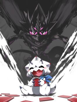 1boy absurdres artist_request aura blush chocolate claws clenched_teeth creepy dark_persona digimon digimon_ghost_game dinosaur eating evolution fingernails gammamon grin gulusgammamon happy highres horns looking_at_viewer no_humans shadow sharp_fingernails sharp_teeth sitting smile tail teeth toyuri_(angrm) yellow_eyes