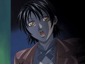 00s 1boy 1girl 2002 animated animated_gif attempted_rape bible_black bible_black_night_of_the_walpulgiss bow breasts brown_eyes cleavage covering_another's_mouth door drunk earrings grabbing_from_behind jacket jewelry large_breasts lipstick makeup minase_yukiko neck_ribbon ribbon robe scared short_hair sweat tagme