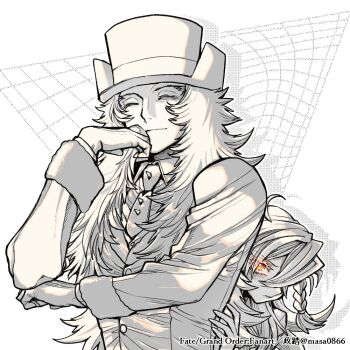 Rule 34 | 1boy, 1girl, ahoge, artist name, behind another, braid, braided ponytail, buttons, closed eyes, collared shirt, commentary request, copyright name, facing viewer, fate/grand order, fate (series), frown, fur-trimmed sleeves, fur trim, glowing, glowing eyes, hand on own chin, hand rest, hat, hiding, hiding behind another, lev lainur flauros, long hair, long sideburns, long sleeves, looking at viewer, masafumi, monochrome, necktie, olga marie animusphere, shadow, shirt, sideburns, smile, spiked, spot color, top hat, upper body