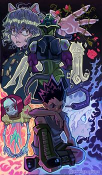 Rule 34 | 1other, 3boys, angry, ant, artist name, black hair, boots, bug, french-unicorn, gon freecss, highres, hunter x hunter, insect, killua zoldyck, meruem, multiple boys, neferpitou, serious, shirt, signature, twitter username, white hair, white shirt