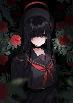 1girl absurdres beret black_choker black_gloves black_hair black_hat black_sailor_collar black_serafuku black_shirt black_skirt blue_archive blurry blurry_foreground blush choker dark flower gloves hair_over_one_eye halo hand_up hat hibiscus highres justice_task_force_member_(blue_archive) leaf long_bangs long_hair long_sleeves neckerchief parted_lips red_eyes red_flower red_halo red_neckerchief reiami sailor_collar school_uniform serafuku shirt skirt smile straight_hair trinity_general_school_logo twirling_hair unusually_open_eyes