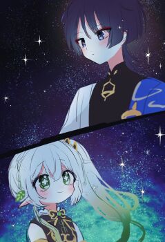 1boy 1girl 52601i absurdres armlet black_bodysuit black_dress black_hair blue_cape blunt_ends blush bodysuit bright_pupils cape choppy_bangs closed_mouth colored_tips cross-shaped_pupils detached_sleeves dress eyelashes eyeliner eyeshadow genshin_impact gold green_eyes green_hair hair_ornament half_crown_braid highres japanese_clothes jewelry kimono leaf leaf_hair_ornament long_hair looking_to_the_side makeup mandarin_collar multicolored_hair nahida_(genshin_impact) night open_clothes open_kimono outdoors pointy_ears purple_eyes red_eyeliner red_eyeshadow scaramouche_(genshin_impact) side_ponytail sidelocks sketch sky smile split_screen star_(sky) starry_sky streaked_hair symbol-shaped_pupils tareme wanderer_(genshin_impact) white_hair white_kimono white_pupils white_sleeves white_trim