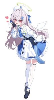 1girl absurdres angel angel_wings bag beatrixa_(stella_sora) black_bag black_gloves black_shoes blue_bow blue_necktie blue_skirt blush bow collared_shirt cowboy_shot fang full_body gloves grey_hair hair_bow hair_ornament halo hat highres long_hair necktie nonddu nurse_cap red_eyes shaded_face shirt shoes shoulder_bag simple_background skin_fang skirt smile solo stella_sora stethoscope thighhighs white_background white_shirt white_thighhighs white_wings wings x_hair_ornament yellow_halo