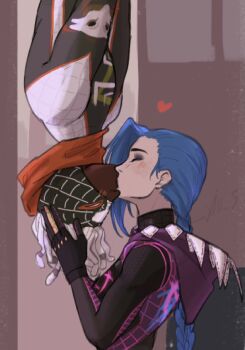 1boy 1girl arcane:_league_of_legends blue_hair blush braid closed_eyes dark-skinned_male dark_skin dreadlocks ekko_(league_of_legends) gwen_stacy heart highres holding holding_another&#039;s_hair hood jinx_(league_of_legends) kiss league_of_legends long_hair marvel miles_morales prosthetic_fingers spider-man_(series) spider_web_pattern superhero_costume upside-down_kiss white_hair xiu_5