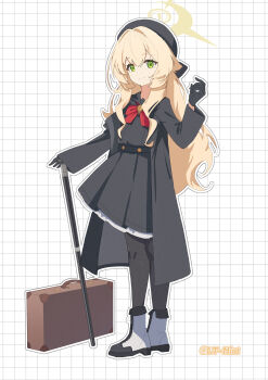 1girl ankle_boots artist_name beret black_coat black_gloves black_hat black_outline black_pantyhose black_sailor_collar black_serafuku blonde_hair blue_archive boots bow bowtie cane chinese_commentary coat commentary_request fluffy_hair full_body gloves green_eyes grid_background hair_intakes halo hand_up hat highres holding holding_cane lemon_tea_(15058751917) long_hair looking_at_viewer outline pantyhose professor_niyaniya_(blue_archive) red_bow red_bowtie sailor_collar school_uniform serafuku side_ahoge smile solo standing suitcase yellow_halo