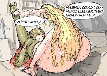 1boy 1girl absurdres blonde_hair braid braiding_hair brother_and_sister bug elden_ring english_text fizoa fromsoftware hairdressing helmet hetero highres incest leg_up legs_apart long_hair malenia_blade_of_miquella mating_press miquella_(elden_ring) missionary prosthesis prosthetic_arm prosthetic_leg red_hair sex shiny_skin shota siblings size_difference stealth_sex thick_thighs thighs very_long_hair