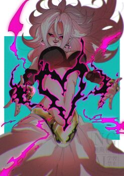 1girl android_21 bare_shoulders black_sclera black_tube_top blue_background breasts cleavage colored_sclera colored_skin commentary_request cowboy_shot dragon_ball dragon_ball_fighterz earrings harem_pants highres hoop_earrings jewelry large_breasts long_hair majin_android_21 navel pants pink_hair pink_skin pointy_ears red_eyes simple_background stktik09060906 strapless tube_top