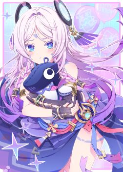 1girl :t absurdres asymmetrical_gloves bare_shoulders black_gloves blue_eyes blush braid citlali_(genshin_impact) closed_mouth commentary cryo_symbol_(genshin_impact) english_commentary fingerless_gloves fingernails floating_headgear genshin_impact gloves headgear highres itzpapa_(genshin_impact) leaning_forward long_hair looking_at_viewer multicolored_hair nail_polish pink_hair pink_pupils purple_hair purple_nails sweet_miuk_tea twin_braids twitter_username uneven_gloves very_long_hair vision_(genshin_impact)