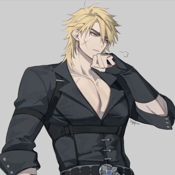 Rule 34 | 1boy, belt, black belt, black gloves, black shirt, blonde hair, blue eyes, chest harness, collarbone, collared shirt, commentary, english commentary, facial scar, fingerless gloves, genshin impact, gloves, grey background, hair between eyes, hand up, harness, highres, large pectorals, looking ahead, male focus, medium hair, parted bangs, parted lips, pectoral cleavage, pectorals, scar, scar on cheek, scar on face, shirt, simple background, solo, thick eyebrows, three-quarter sleeves, tooaya, upper body, varka (genshin impact)