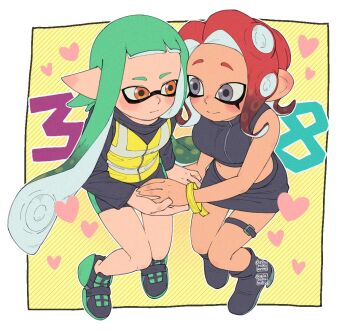 2girls agent_3_(splatoon) agent_8_(splatoon) ariamikukanzaki bike_shorts black_boots black_sweater black_vest blush boots breasts commentary crop_top from_above green_hair grey_eyes hand_grab heart inkling invisible_chair medium_breasts midriff miniskirt multiple_girls nintendo octoling orange_eyes pencil_skirt pointy_ears raised_eyebrows red_hair shoes short_shorts shorts sitting skirt small_breasts sneakers splatoon_(series) splatoon_3 sweater tentacle_hair thigh_strap vest wristband yellow_vest yuri