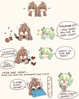 Rule 34 | 2girls, = =, aqua hair, berry, blanket, branch, brown eyes, brown hair, bucket of lava, ceres fauna, commentary, dagger, english commentary, english text, feather hair ornament, feathers, food, hair ornament, halo, highres, hololive, hololive english, knife, leather, meat, minecraft, mole, mole under eye, multiple girls, nanashi mumei, nanashi mumei (1st costume), open mouth, pillow, ponytail, sappysque, smile, tears, tree, virtual youtuber, weapon, yellow eyes