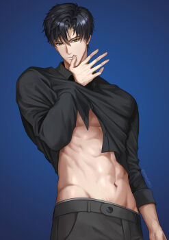 1boy abs absurdres black_hair black_pants black_shirt blue_background closed_mouth clothes_lift covering_own_mouth debbie_(debbielu9972) green_eyes guilty_challenge_(meme) hand_over_own_mouth highres long_sleeves love_and_deepspace male_focus meme muscular muscular_male navel open_clothes open_shirt pants shirt shirt_lift short_hair solo stomach zayne_(love_and_deepspace)