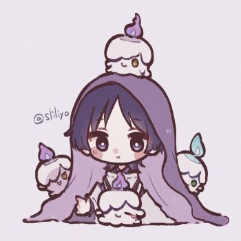 1boy arms_at_sides blunt_ends blush_stickers bright_pupils candle candlelight closed_mouth creature_on_head cropped_torso crossover eyeliner eyeshadow gen_5_pokemon genshin_impact hoshizuki_chimama japanese_clothes kariginu kimono layered_sleeves litwick long_sleeves looking_at_viewer makeup male_focus nintendo open_hand parted_bangs pokemon pokemon_(creature) purple_eyes purple_hair purple_kimono purple_sleeves red_eyeliner red_eyeshadow scaramouche_(genshin_impact) scaramouche_(kabukimono)_(genshin_impact) smile white_pupils white_sleeves wispy_bangs