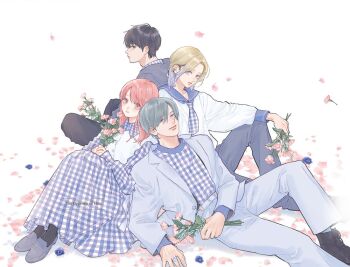 Rule 34 | 1girl, 3boys, ashioki oushi, black boots, black hair, black pants, black socks, blonde hair, blue collar, blue eyes, blue flower, blue neckerchief, blue pants, blue sailor collar, blue shirt, blue skirt, blush, boots, collar, collared shirt, commentary, english commentary, flower, gradient hair, grey hair, grey hoodie, grey shoes, holding, holding flower, hood, hoodie, iryu shin, itose yuki, itsuomi nagi, lips, long hair, long sleeves, looking at viewer, medium hair, morisita suu, multicolored hair, multicolored neckerchief, multiple boys, neckerchief, official art, pants, petals, pink flower, plaid clothes, plaid neckerchief, plaid shirt, plaid skirt, purple eyes, purple hair, purple neckerchief, purple shirt, purple skirt, red eyes, red hair, sailor collar, second-party source, shirt, shoes, short hair, simple background, sitting, skirt, smile, socks, white background, white neckerchief, white shirt, white skirt, yubisaki to renren