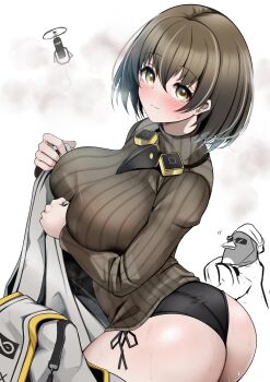 1girl absurdres aqua_hair arknights ass blush breasts brown_hair closed_mouth colored_tips grey_hair grey_sweater highres kokihanada large_breasts magallan_(arknights) multicolored_hair ribbed_sweater short_hair streaked_hair sweat sweater yellow_eyes